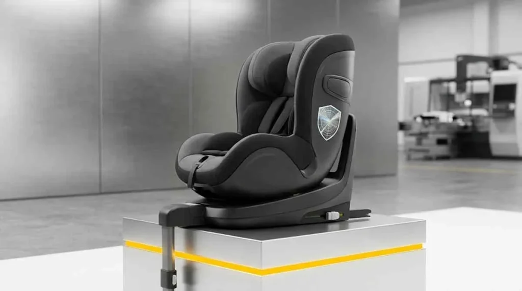R129 Anti-Counterfeit Car Seat Wholesale display unit on a minimalist geometric showroom pedestal with amber accents
