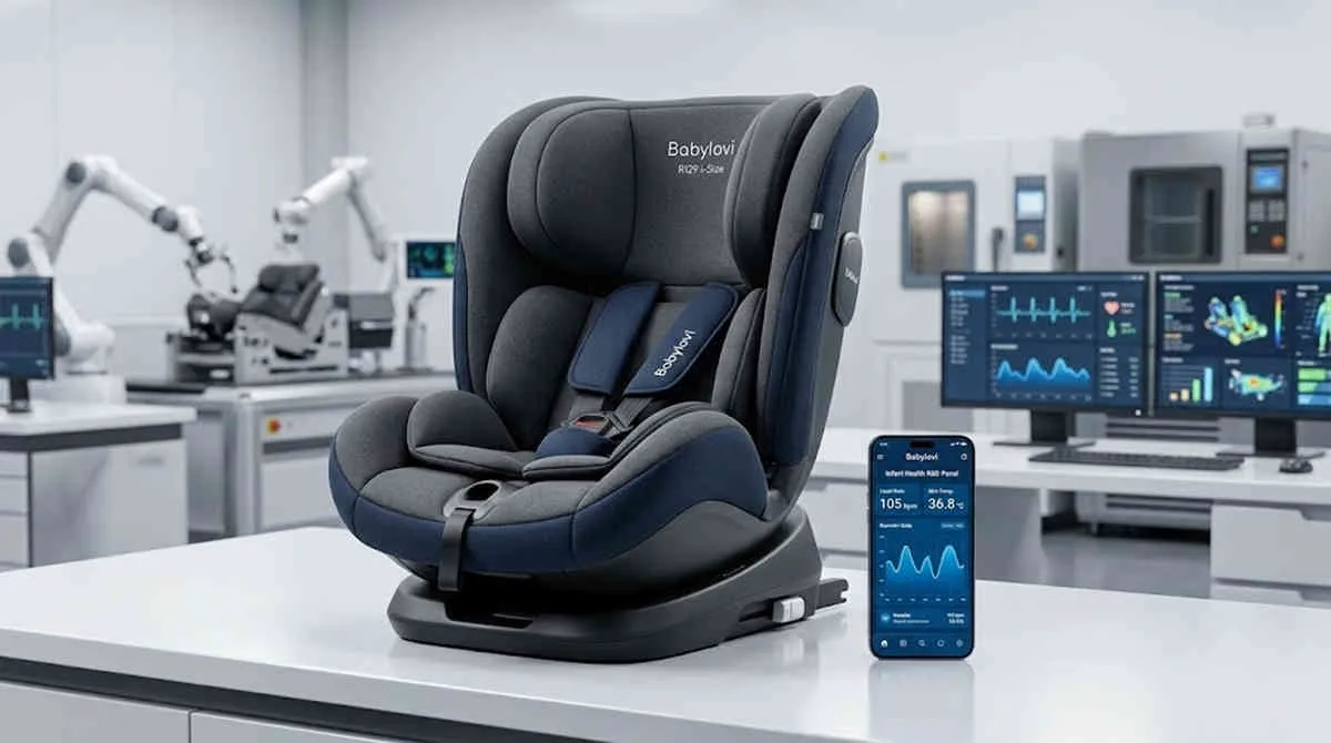 R129 Sensor Car Seat Sourcing model on a lab table next to a smartphone displaying infant health R&D app metrics.