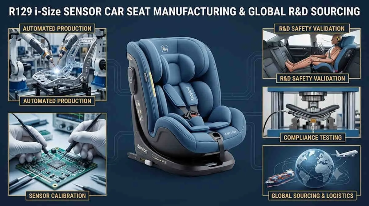 R129 Sensor Car Seat Sourcing infographic showing automated production, sensor calibration, and R&D safety validation.
