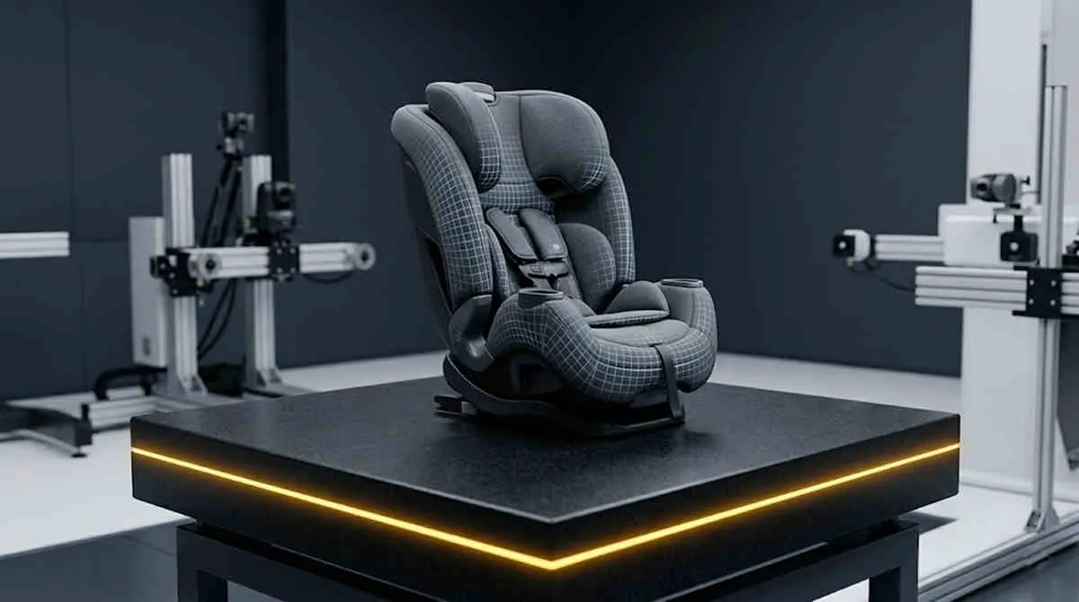 Regulatory Audits For ECE R129 Car Seat Sourcing unit evaluated on a laboratory granite testing table with a grid matrix.