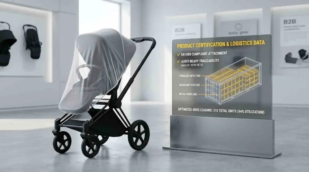 Stroller Mosquito Net Wholesale: premium stroller with net next to a HUD displaying 40HQ container loading data.