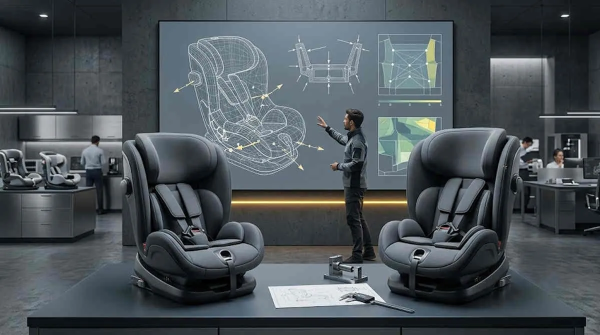 Tesla Compatible Car Seat Wholesale engineering R&D display showing 3D CAD wireframe matrix and compatibility data.