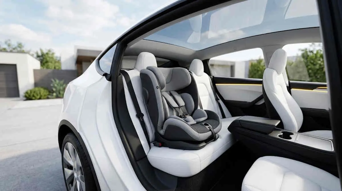Tesla Compatible Car Seat Wholesale model installed in a luxury EV backseat with white eco-leather interior.