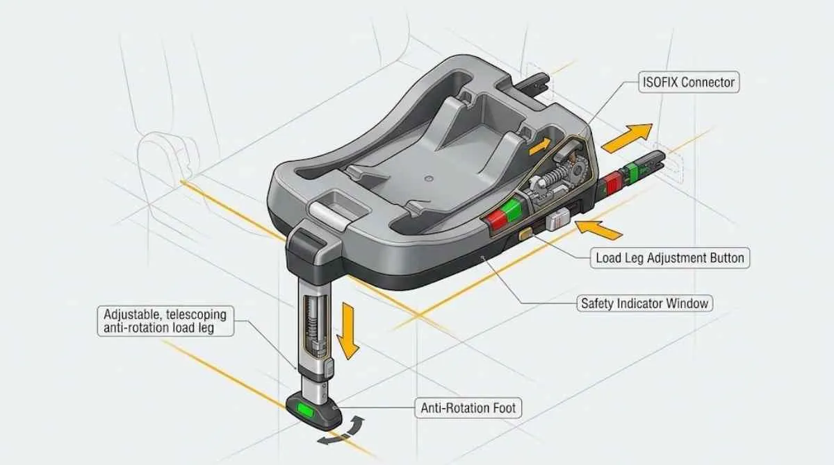 Easy install car seat wholesale base diagram showing ISOFIX connectors and telescoping load leg.