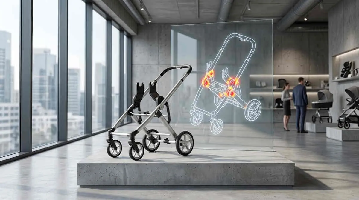 EN1888 European travel system wholesale chassis on display with glowing CAD blueprint.
