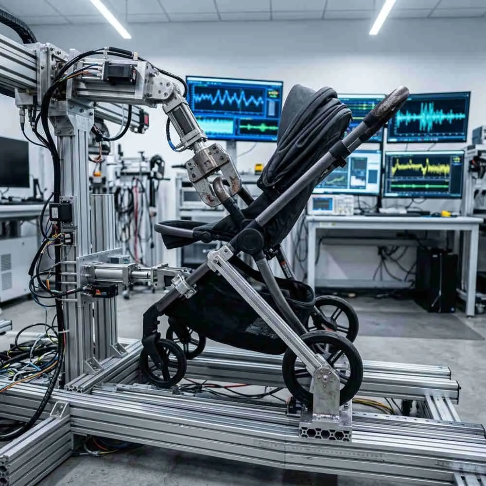EN1888 European travel system wholesale stroller undergoing dynamic robotic test.