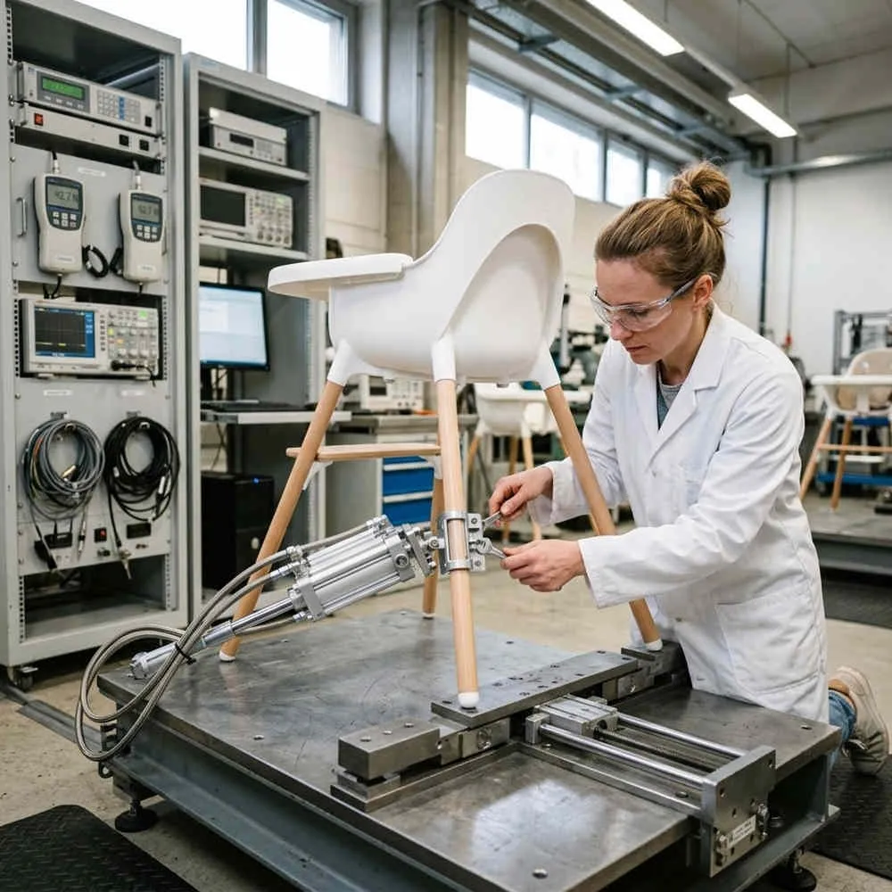 Stability-tested high chair wholesale rig during EN 14988 mechanical load testing in an accredited laboratory.
