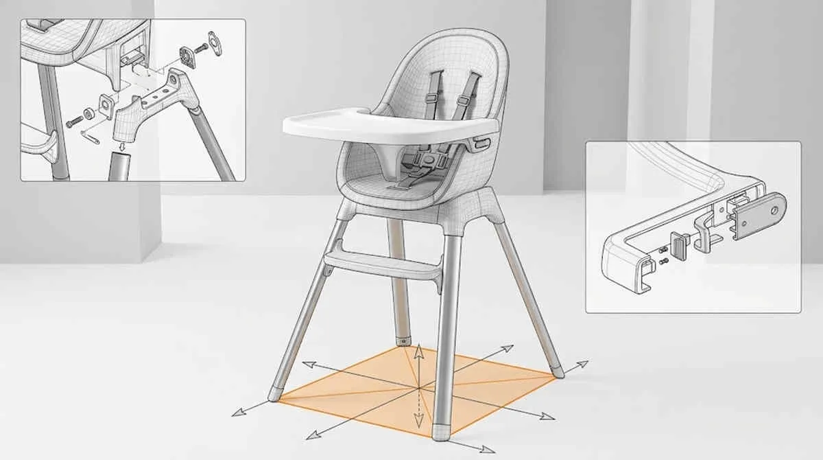 Stability-tested high chair wholesale structural CAD blueprint showing base balance and joint assembly.