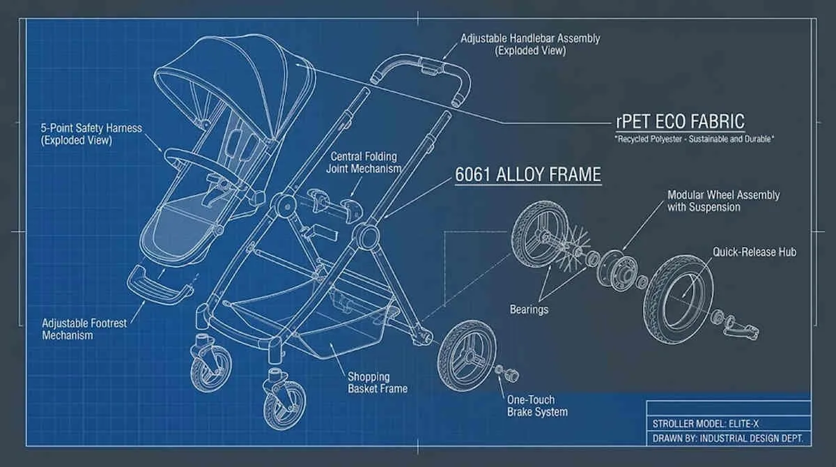 Sustainable stroller wholesale blueprint showing exploded 6061 alloy frame and rPET fabric parts.
