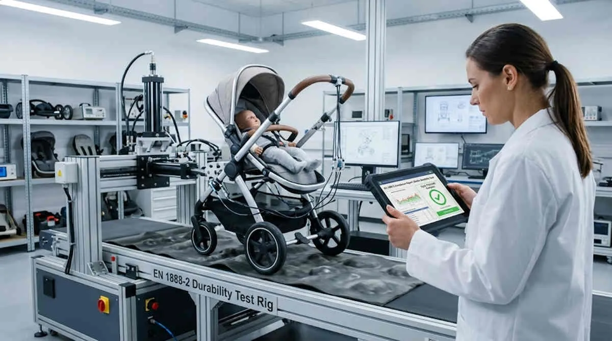 Sustainable stroller wholesale durability test on an EN 1888-2 rolling road rig in a compliance lab.